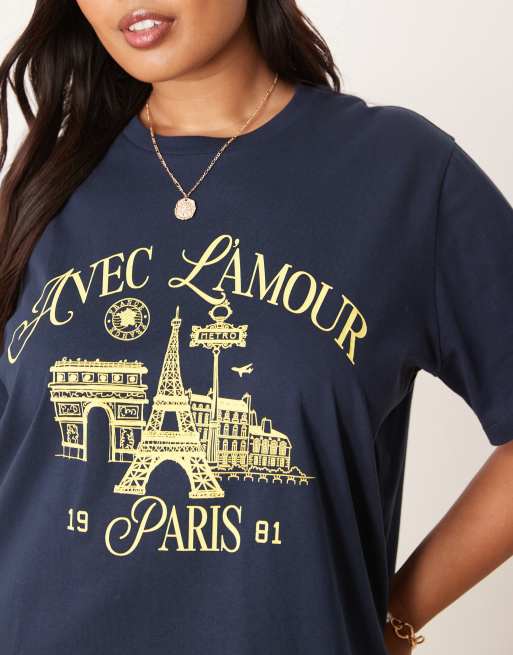 ASOS DESIGN Curve - Marineblå T-shirt med 'L'amour Paris'-grafik i Regular Fit, 3 af 4