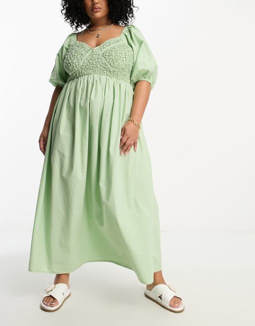 ASOS DESIGN Curve – Marszczona bawełniana sukienka midi w kolorze szałwiowozielonym z gorsetową górą