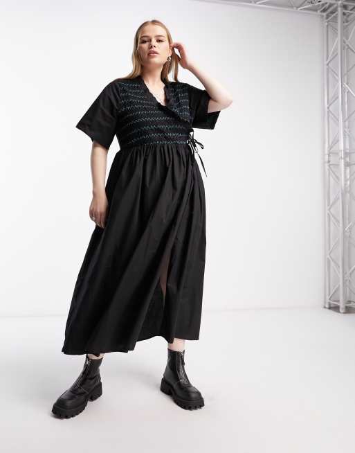 ASOS DESIGN Curve – Marszczona kopertowa sukienka midi o luźnym kroju z bawełny w kolorze czarnym