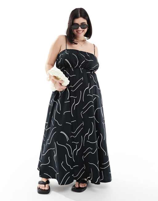ASOS DESIGN Curve – Marszczona na dekolcie letnia czarna sukienka maxi z regulowanymi ramiączkami w biały abstrakcyjny wzór