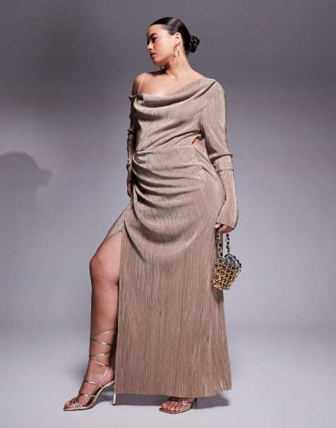ASOS DESIGN Curve plisse fallen shoulder maxi dress with ruching in camel