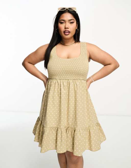 ASOS DESIGN Curve – Marszczona sukienka letnia mini z dekoltem w kształcie litery U w neutralnym kolorze w groszki