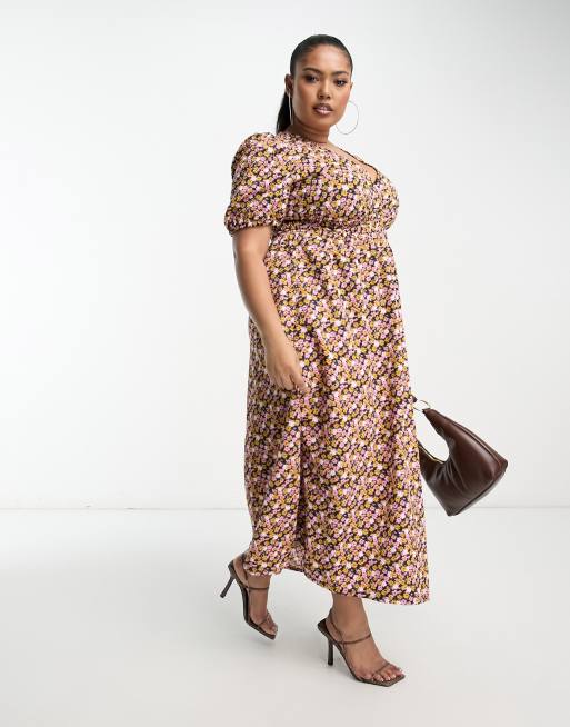 ASOS DESIGN Curve – Marszczona w talii sukienka midi z obszernymi rękawami w drobny kwiatowy wzór