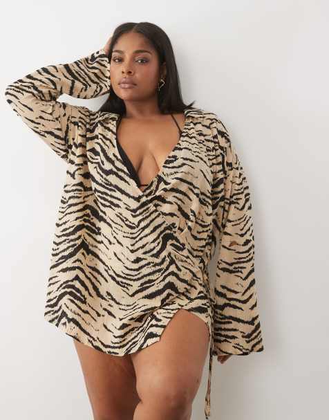ASOS DESIGN Curve marszczone okrycie plażowe z wiązaniem z przodu we wzór zebra - view 1