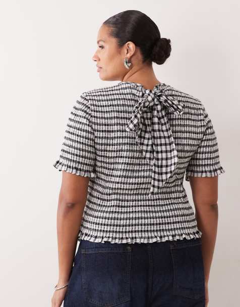 ASOS DESIGN Curve – Marszczony top z krótkimi rękawami i kokardką w kratkę vichy - view 1