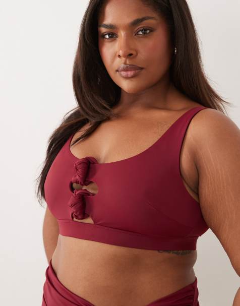 ASOS DESIGN Curve Martina bikini-top med knude og firkantet hals i burgundy - view 1