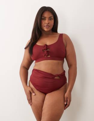 ASOS DESIGN Curve Martina high leg high waist bikini bottom in burgundy-Red