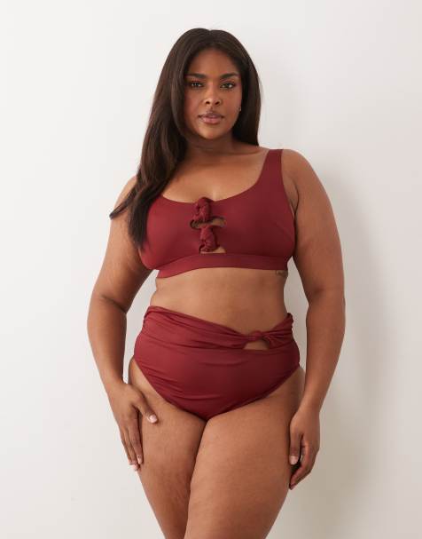 ASOS DESIGN Curve Martina high leg high waist bikini bottom in burgundy - view 1