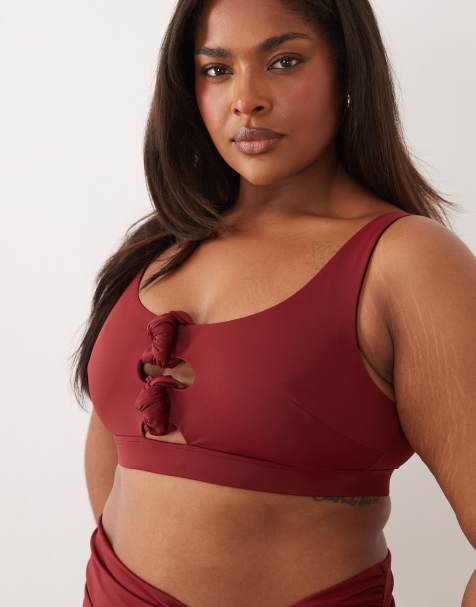 ASOS DESIGN Curve Martina knot square neck crop bikini top in burgundy - view 1
