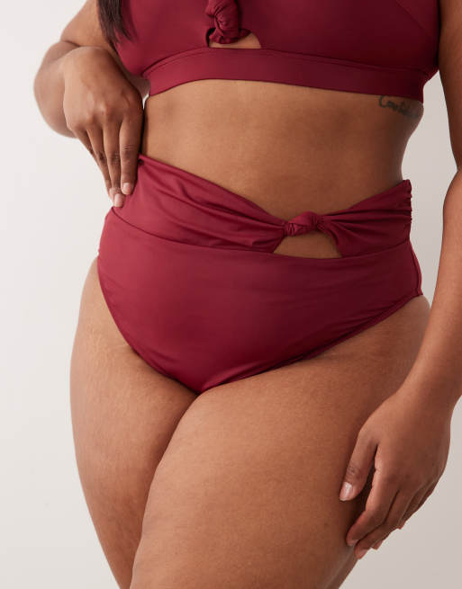 ASOS DESIGN Curve - Martina - Slip bikini sgambati a vita alta bordeaux, 3 di 4