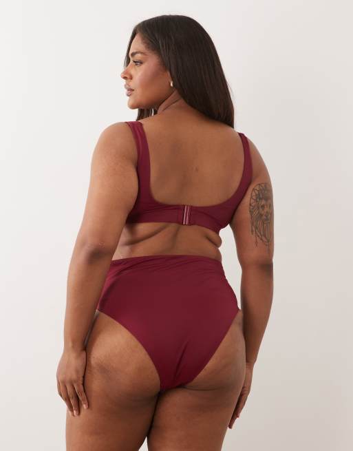 ASOS DESIGN Curve Martina top de bikini crop con nudo y cuello cuadrado en burdeos, 2 de 4