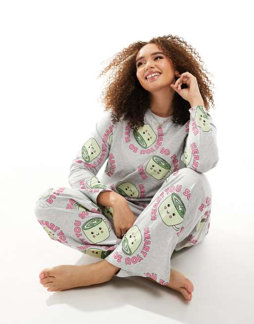 ASOS DESIGN Curve matcha long sleeve top pants pajama set in