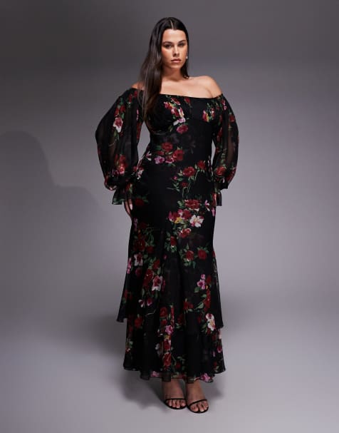 ASOS DESIGN Curve - Maxi bardotjurk met ruches, gelaagde godetplooien en blousonmouwen in bloemenprint - view 1