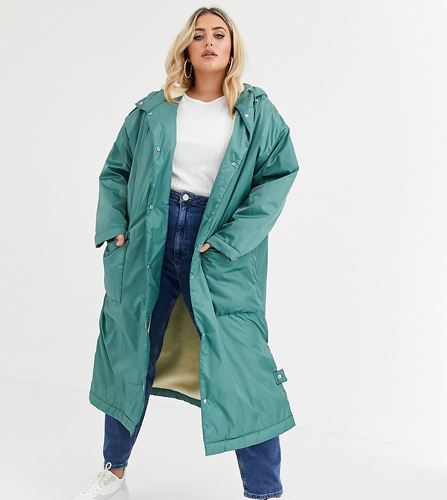 ASOS DESIGN Curve maxi borg lined rainwear coat in sage-Green