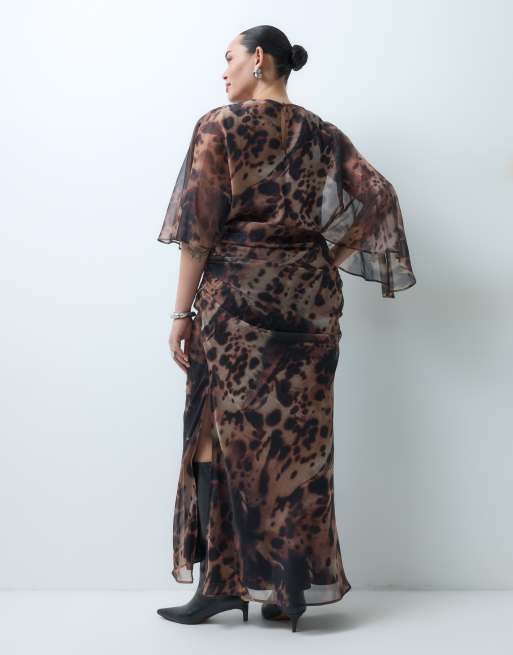 ASOS DESIGN Curve maxi chiffon dress with asym sleeves in dark animal print, 5 of 5