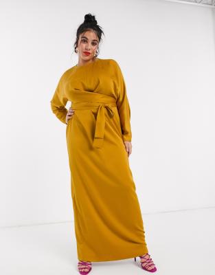 asos design maxi dress with batwing sleeve and wrap waist in satin