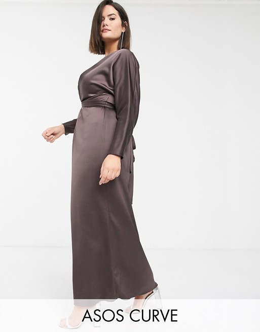 ASOS DESIGN Curve maxi dress with batwing sleeve and wrap waist in satin