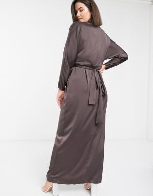 asos design maxi dress with batwing sleeve and wrap waist in satin