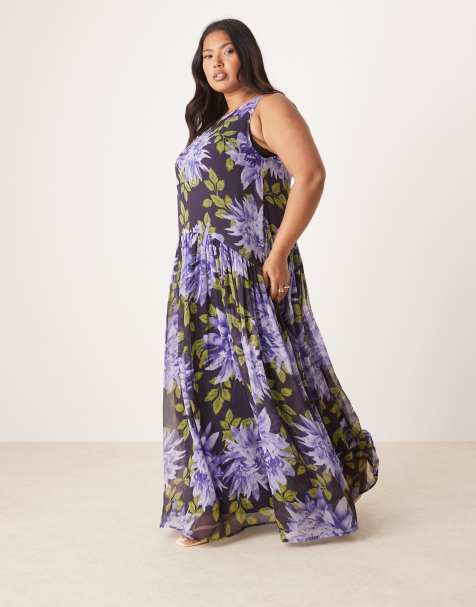 ASOS DESIGN Curve maxi dress with raised waist seam in blown up floral print - view 1