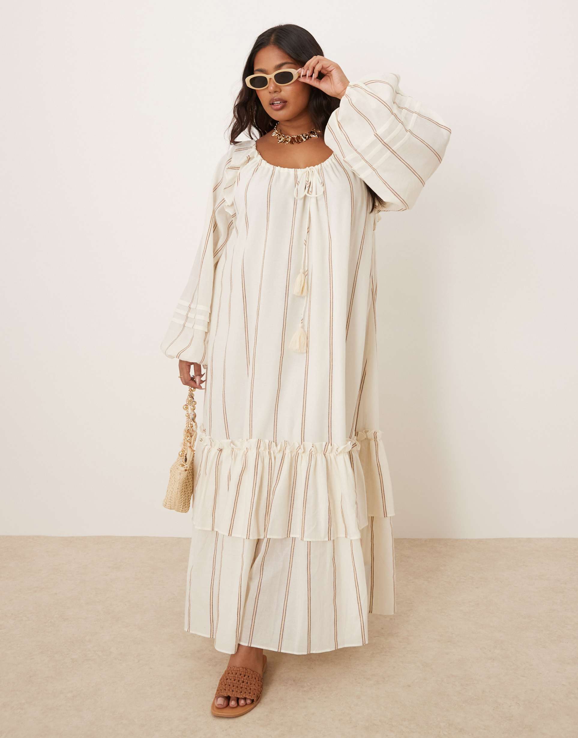 asos design curve maxi dress with ruched channel neckline and tiered hem in stripe