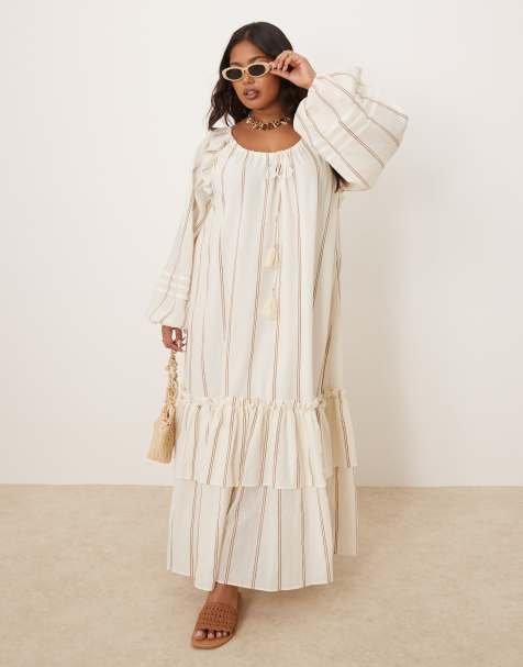 ASOS DESIGN Curve maxi dress with ruched channel neckline and tiered hem in stripe