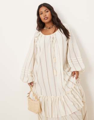 asos design curve maxi dress with ruched channel neckline and tiered hem in stripe