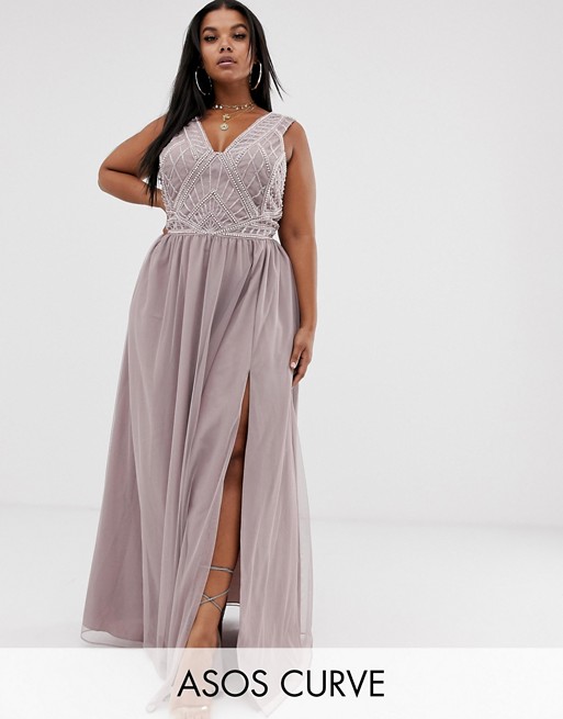ASOS DESIGN Curve maxi dress with tulle skirt and emebllished and pearl bodice