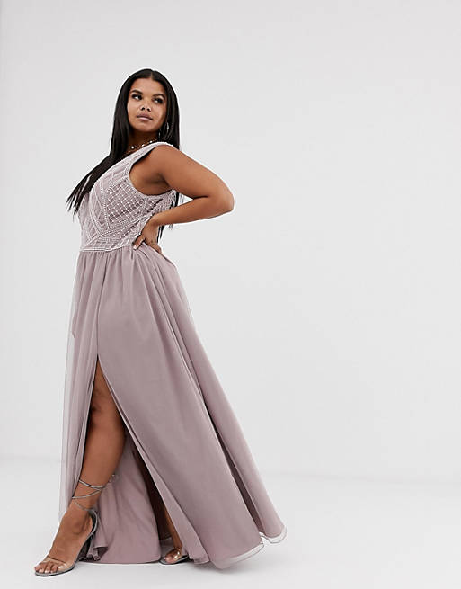  Curve maxi dress with tulle skirt and emebllished and pearl bodice 