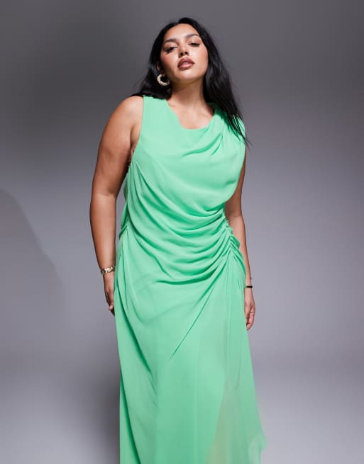 ASOS DESIGN Curve - Maxi-jurk met aangerimpelde taille, ruches en open achterkant in appelgroen , 2 van 4