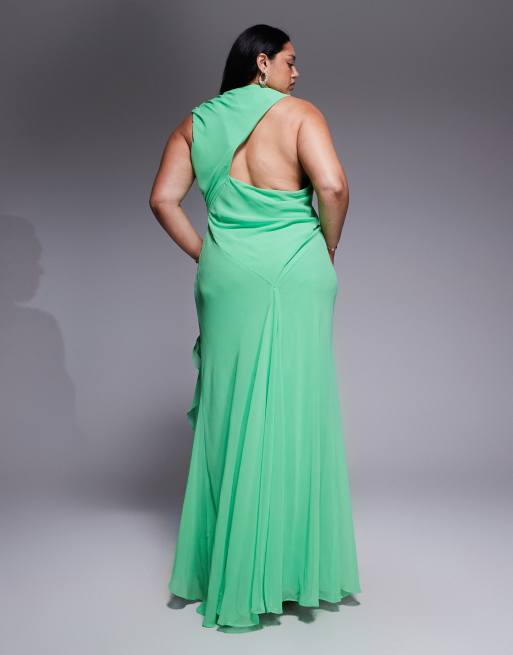 ASOS DESIGN Curve - Maxi-jurk met aangerimpelde taille, ruches en open achterkant in appelgroen , 3 van 4