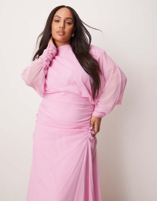 ASOS DESIGN Curve - Maxi jurk met blousonmouwen en rimpeleffect in oudroze, 2 van 4