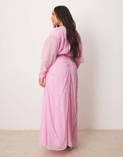 ASOS DESIGN Curve - Maxi jurk met blousonmouwen en rimpeleffect in oudroze, 4 van 4