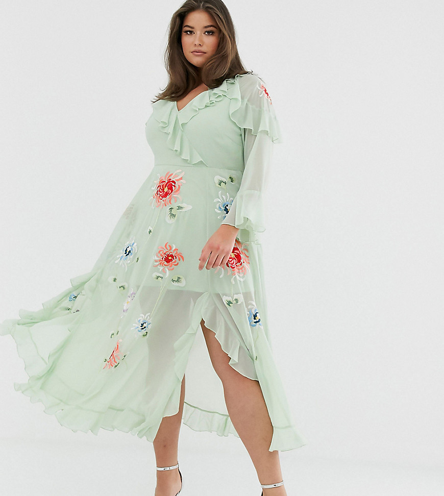ASOS DESIGN Curve - Maxi-jurk met borduursel en overslag-Groen