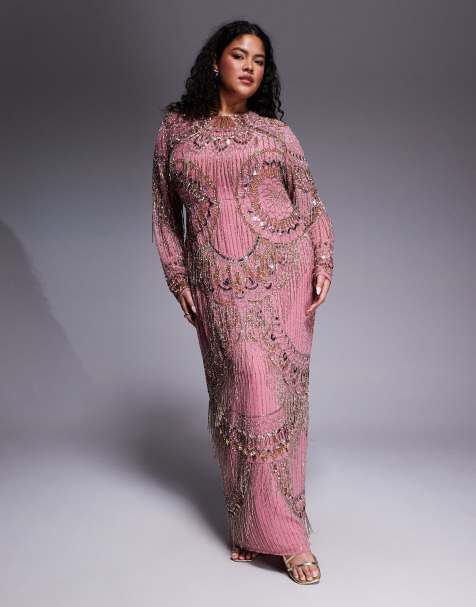 ASOS DESIGN Curve - Maxi jurk met franje en versiering in roze - view 1