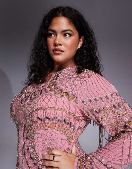 ASOS DESIGN Curve - Maxi jurk met franje en versiering in roze, 3 van 4