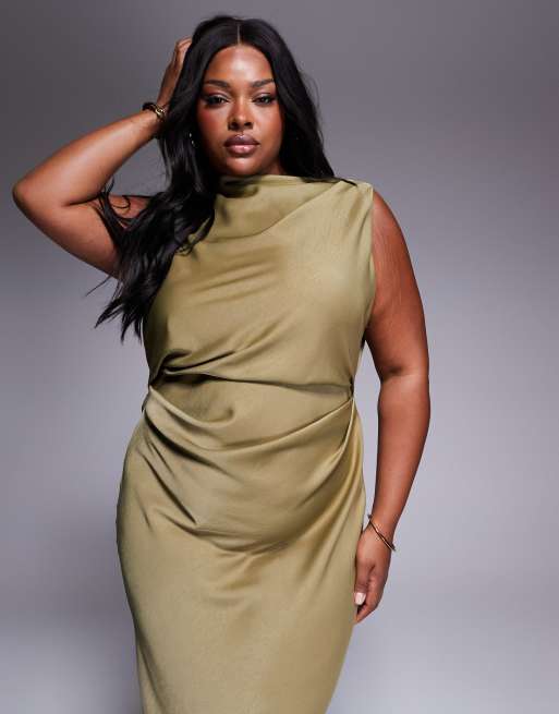 ASOS DESIGN - Curve - Maxi jurk met gedrapeerd lijfje en achterkant in olijfgroen, 4 van 4