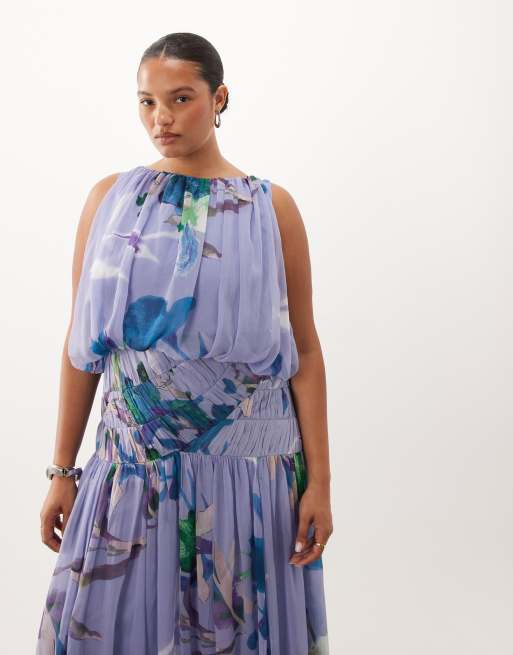 ASOS DESIGN Curve maxi jurk met gedrapeerde, gerimpelde taille en vervaagde bloemenprint, 2 van 4