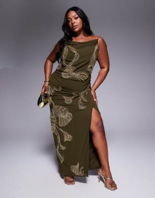 ASOS DESIGN - Curve - Maxi jurk met gedrapeerde overlaag rok, verlaagde taille en versiering in kaki - view 1