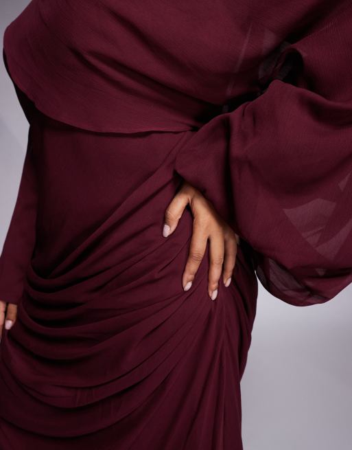 ASOS DESIGN Curve - Maxi-jurk met gedrapeerde voorkant en blousonmouwen in moerbei, 2 van 4