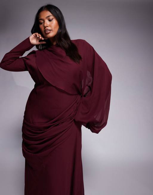 ASOS DESIGN Curve - Maxi-jurk met gedrapeerde voorkant en blousonmouwen in moerbei, 4 van 4