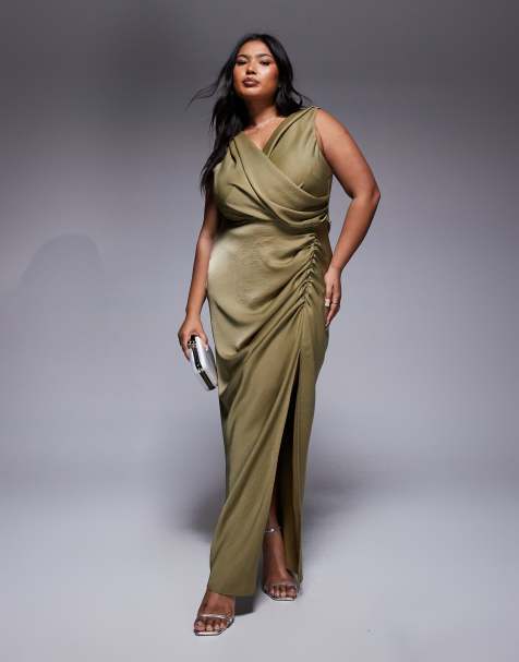 ASOS DESIGN Curve - Maxi jurk met gedrapeerde voorkant met split in lichtgroen - view 1