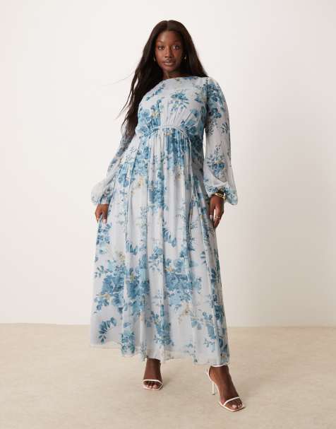 ASOS DESIGN Curve - Maxi jurk met gerimpeld inzetstuk en bloemenprint in blauw - view 1