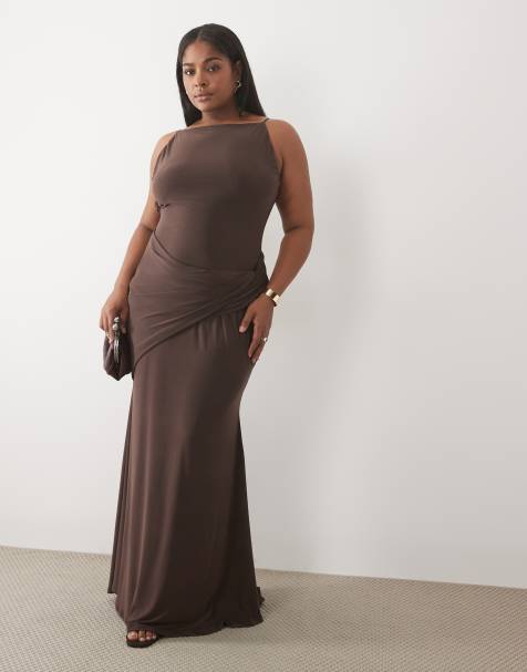 ASOS DESIGN Curve maxi jurk met gerimpelde taille in bruin - view 1
