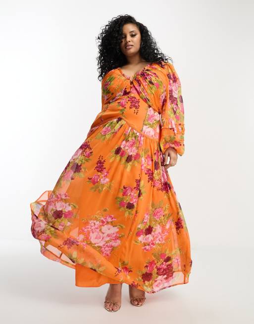 Pickering span inval ASOS DESIGN Curve - Maxi-jurk met knoopjes, plat gestikte plooitjes, kanten  inzetstukken en bloemenprint in oranje | ASOS