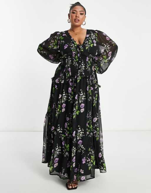 ASOS DESIGN Curve - Maxi-jurk met knoopsluiting en plat gestikte plooitjes in zwart met bloemenprint