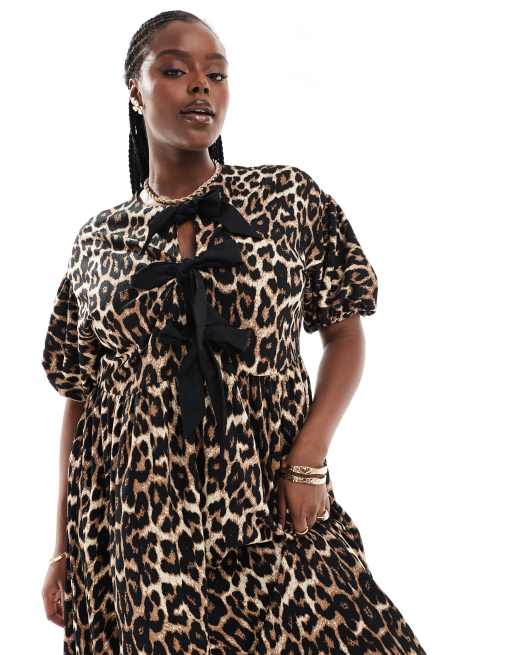 ASOS DESIGN Curve - Maxi-jurk met pofmouwen en strik aan de voorkant in luipaardprint