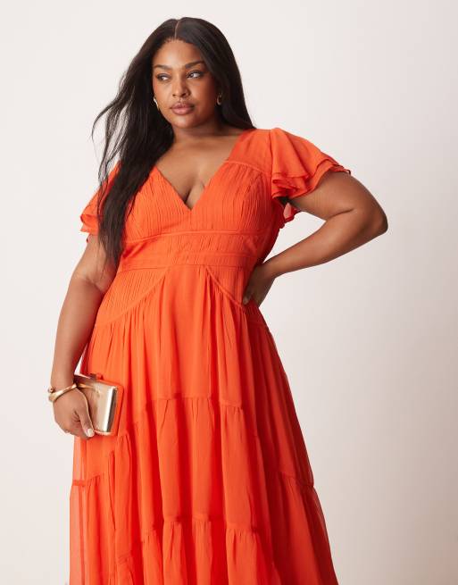 ASOS DESIGN Curve - Maxi-jurk met rimpeleffect en fladdermouwen in rood, 3 van 4