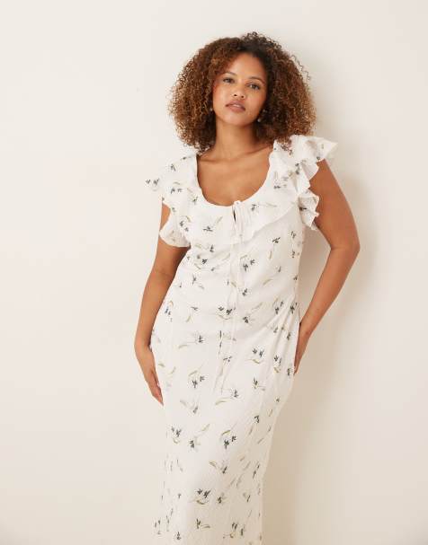 ASOS DESIGN Curve - Maxi jurk met ruches, hartvormige halslijn, textuur en fijne print in crème - view 1