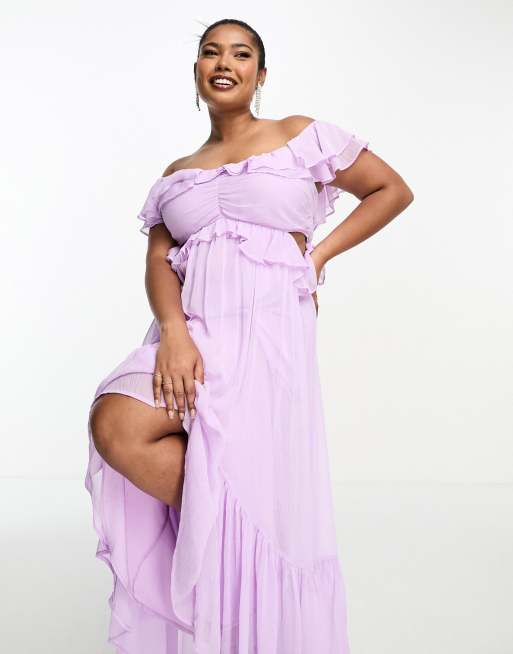 ASOS DESIGN Curve - Maxi-jurk met ruches, uitsnijding, blote schouders en ongelijke zoom in lila