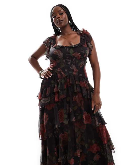 ASOS DESIGN Curve - Maxi jurk met ruches, verlaagde taille en stroken in zwarte bloemenprint